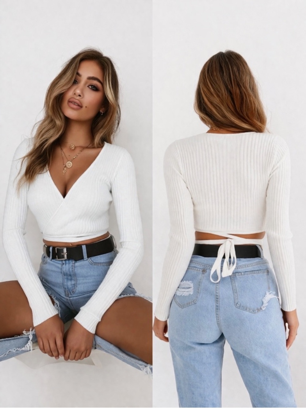 White Ribbed Wrap Tie Back Long Sleeve Crop Top